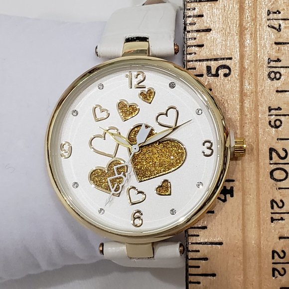 Adorable Austrian Crystal sparkle hearts watch w/white vegan leather strap - Picture 3 of 4